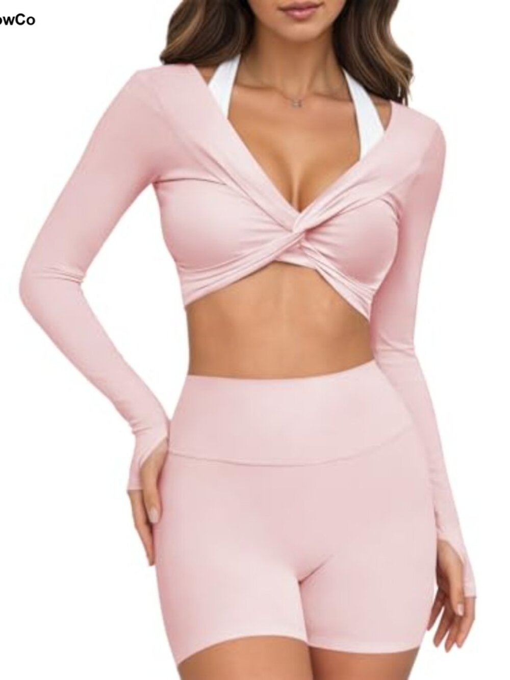 Womens Twist Front Long Sleeve Workout Crop Top Thumbholes Slim Fit